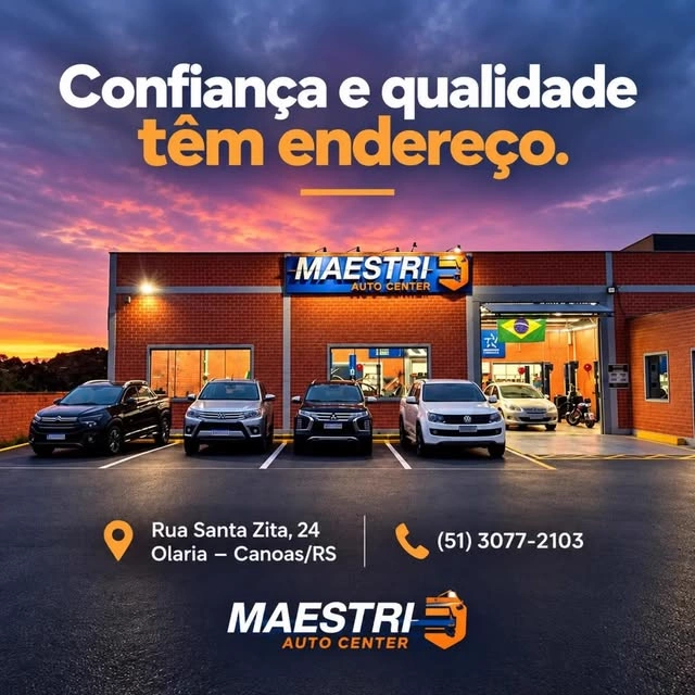 Arte publicada pela Maestri com a fachada da oficina, veículos e endereço em Canoas
